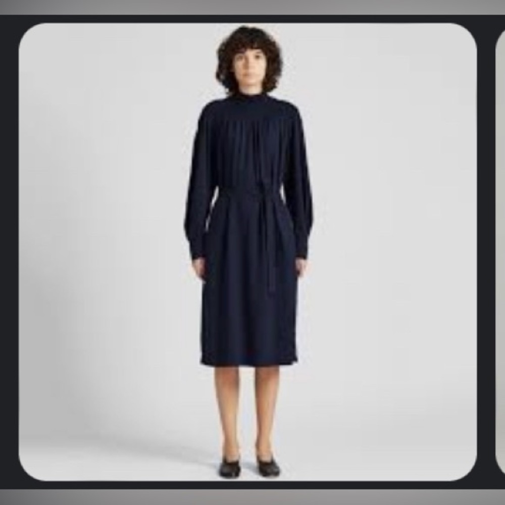 Shirring Mock Neck Longsleeves Dress Dark Blue M